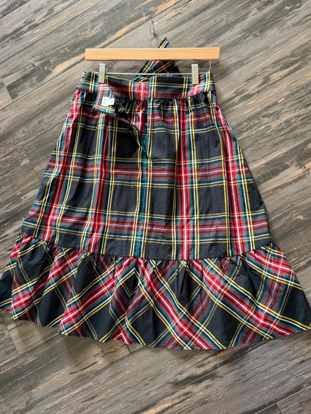 J Crew Red Tartan Plaid Skirt Attached Belt Midi Length Flounce Hem Cotton Sz 4 - Picture 11 of 16